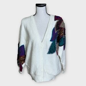Jaclyn Smith Vintage Cream Multicolor Applique Beaded Knit Cardigan Sweater M